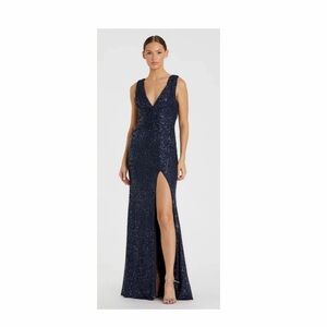 Navy V-Neck Sequin Wrap Waist Gown MAC Duggal